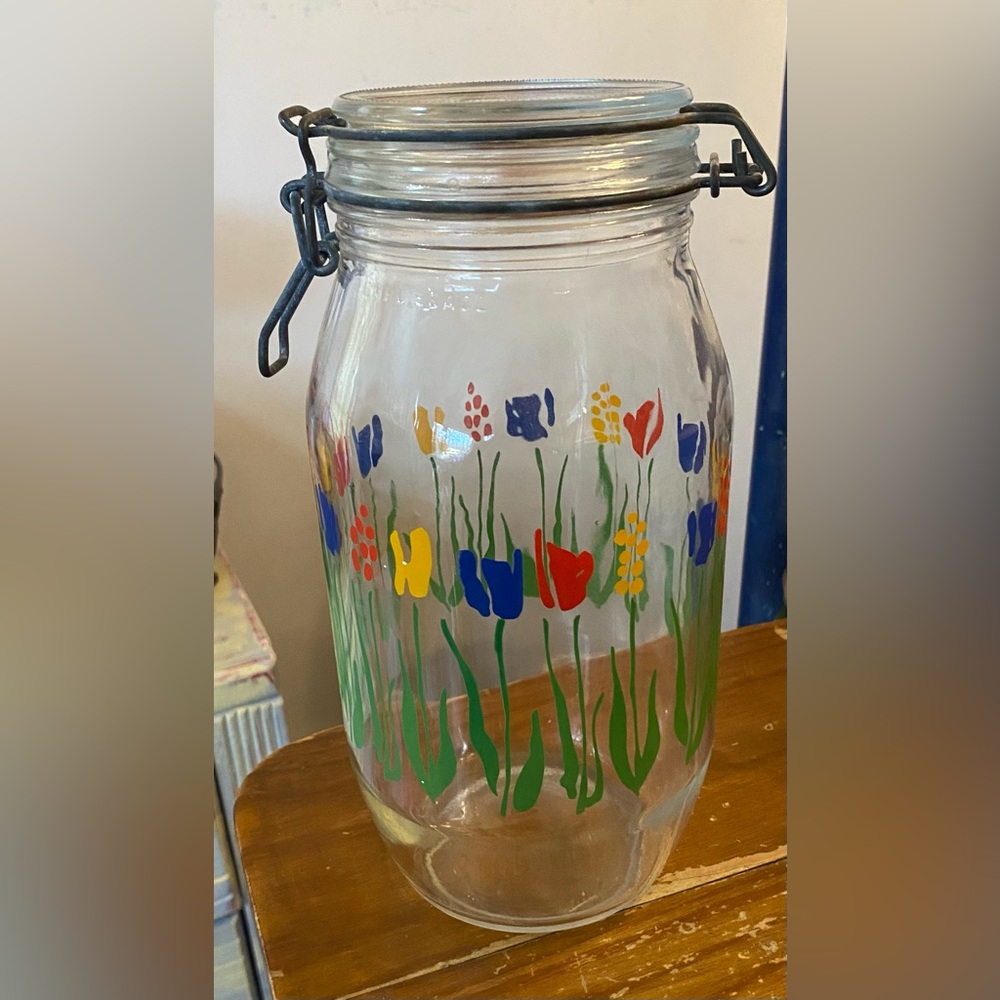 Vintage Arc France Glass Clamp Lid Jar